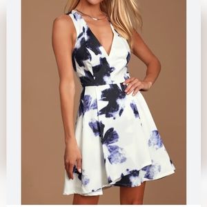 Lulus Seeing Chic Blue and Ivory Print Skater Dress